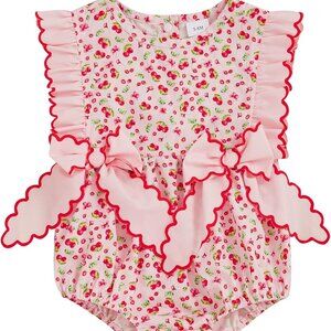 Pink and Red Summer Cherry Baby Romper with Ruffle Trim 12-18M
